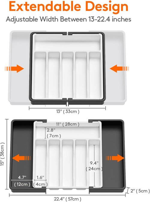 Lifewit Expandable Silverware Drawer Organizer - BPA-Free Utensil Tray for Kitchen | Adjustable Storage, 13-22 x 15", White & Black
