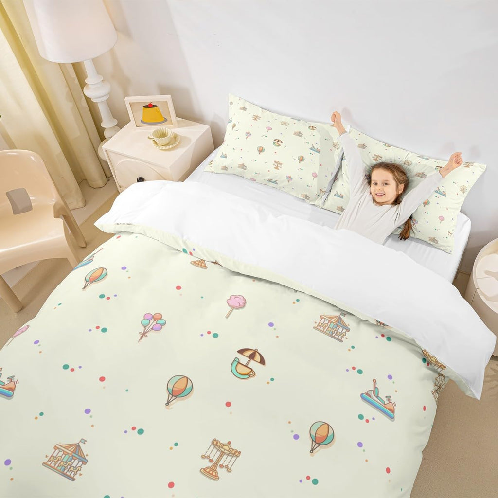 Kid Amusement Park Duvet Cover Twin Size,Hot Air Balloon and Carousel Bedding Set with 1 Pillowcase,Child Theme Comforter Cover for Teens Boys Girls Room Decor,Soft Quilt Cover
