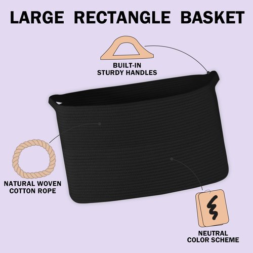 HONCESTA Extra Large Black Basket, 22" X 17" X 12" Rectangle Woven Bin for Storage, Soft Cotton Rope Kids Room Toy Box Bins, Big Wicker Basket Organizer for Blankets, Pillows, Laundry