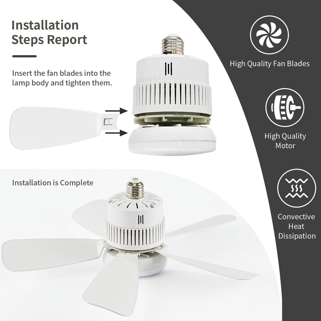 Socket Light Fan with Remote(Pairing Required), Light Socket Ceiling Fan – Turbo Airflow, Whisper Quiet, Memory Save, Smooth Dimming 1000 LM CRI 80+, Screw In Design for Small Rooms, Garages & Dorms