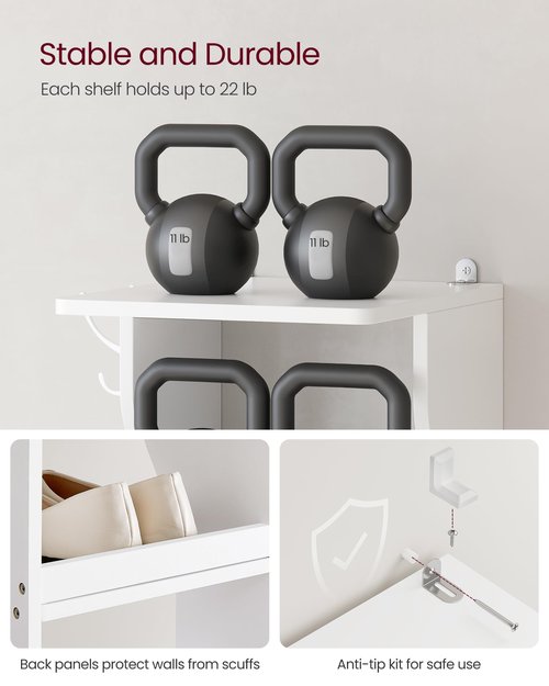VASAGLE 7-Tier Vertical Shoe Rack, Narrow Shoe Storage Organizer with Hooks, Slim Corner Tower Shelf, Space-Saving for Entryway and Bedroom, White ULBS200T14