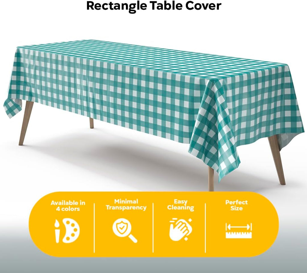Skiennix Picnic Table Cover - Premium Teal & White Checkered Plastic Tablecloth - 54" x 108" Gingham 6 Pack