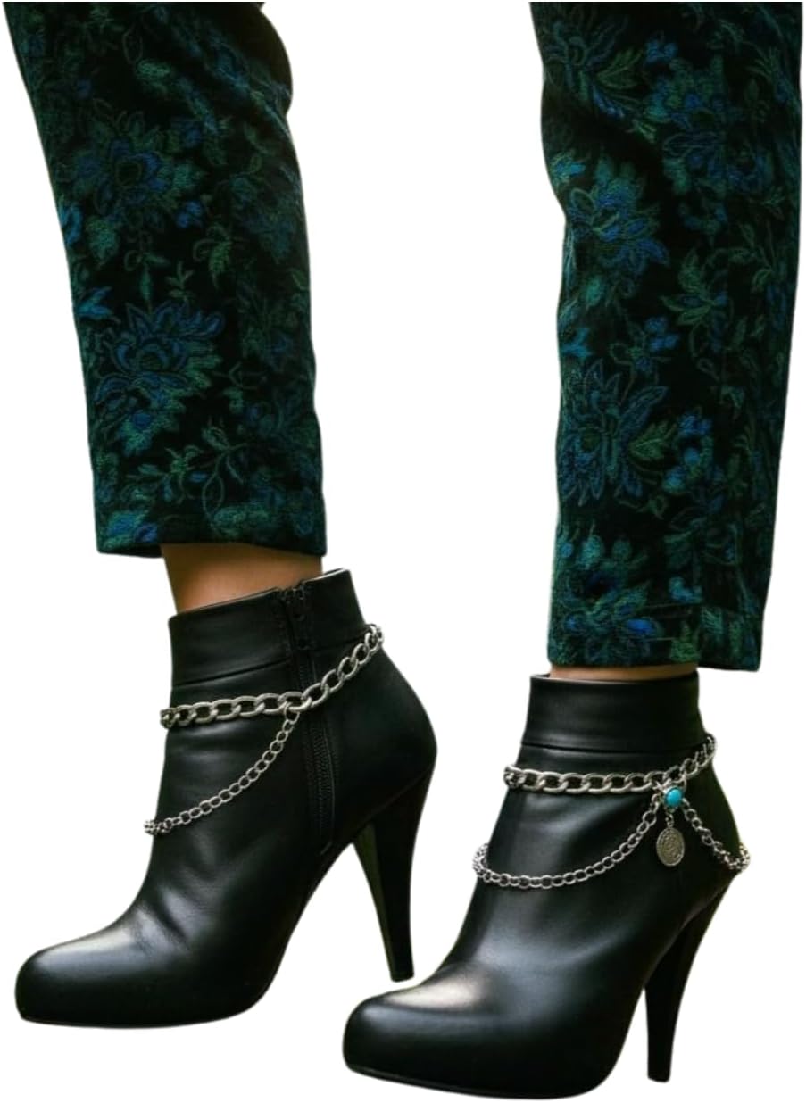 Skiennix Women's Silver Boot Chain Anklet Set - Adjustable Ethnic Coin & Turquoise Beads | 11-15 in Curb Chain