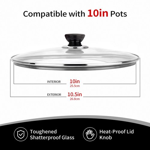10Inch Glass Lid, Pan Cover, Tempered Glass Pot Lid with Stainless Steel Rim, Shatterproof and Heat Resistant, Clear Universal Cover for Frying Pans, Skillets (10 INCH)