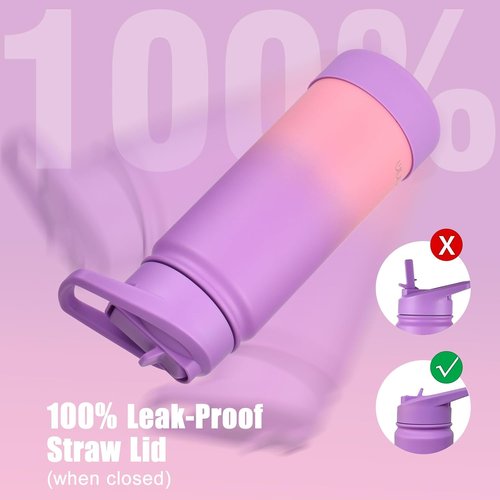 Mininoo Kids Water Bottle - 16oz Stainless Steel Insulated with Straw Lid | Purple/Pink for School
