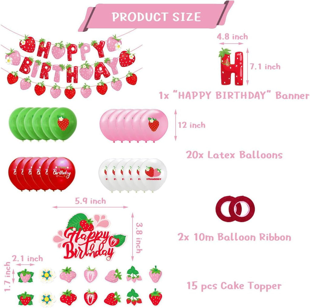 Strawberry Party Decoration Set - Balloons & Cake Toppers for Girls' Birthday | Fruit Theme Supplies