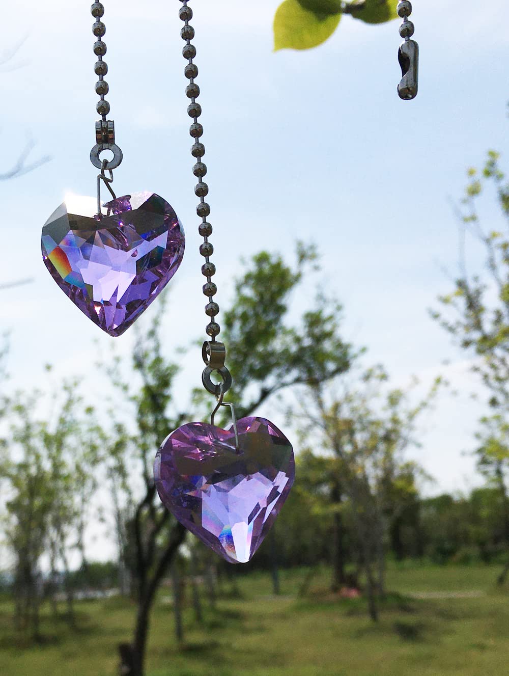 OMYZERO 2Pcs 12inch Crystal Heart Prisms Pendant Ceiling Fan Pull Chain Extender with Ball Chain Connector (Purple)