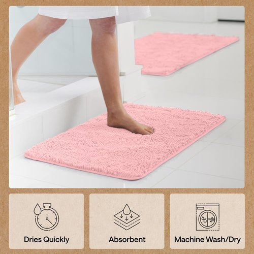 GORILLA GRIP Bath Rug Mat - Soft Absorbent Chenille | Quick Dry Microfiber, 44x26, Light Pink