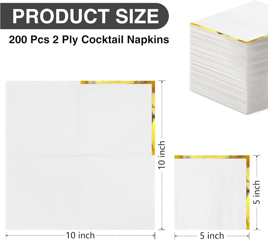 Regine Switzerland Cocktail Napkins - 200 Pcs 2-Ply White with Gold Trim | Elegant Disposable Beverage Napkins for Weddings & Events