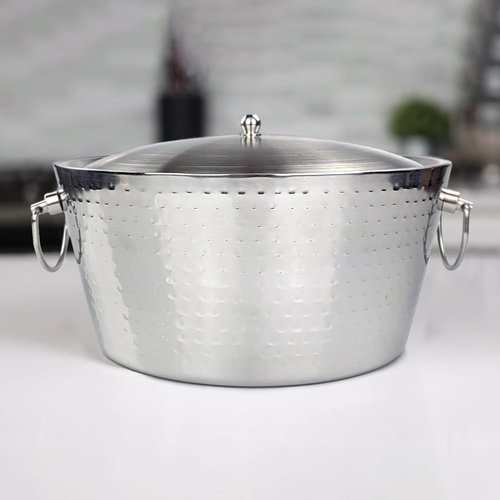 Insulated Stainless Steel Large Ice Bucket with Lid for Parties, Anchored Metal Ice & Beverage , Champagne Bucket for Extended Chill - 12-Quarts