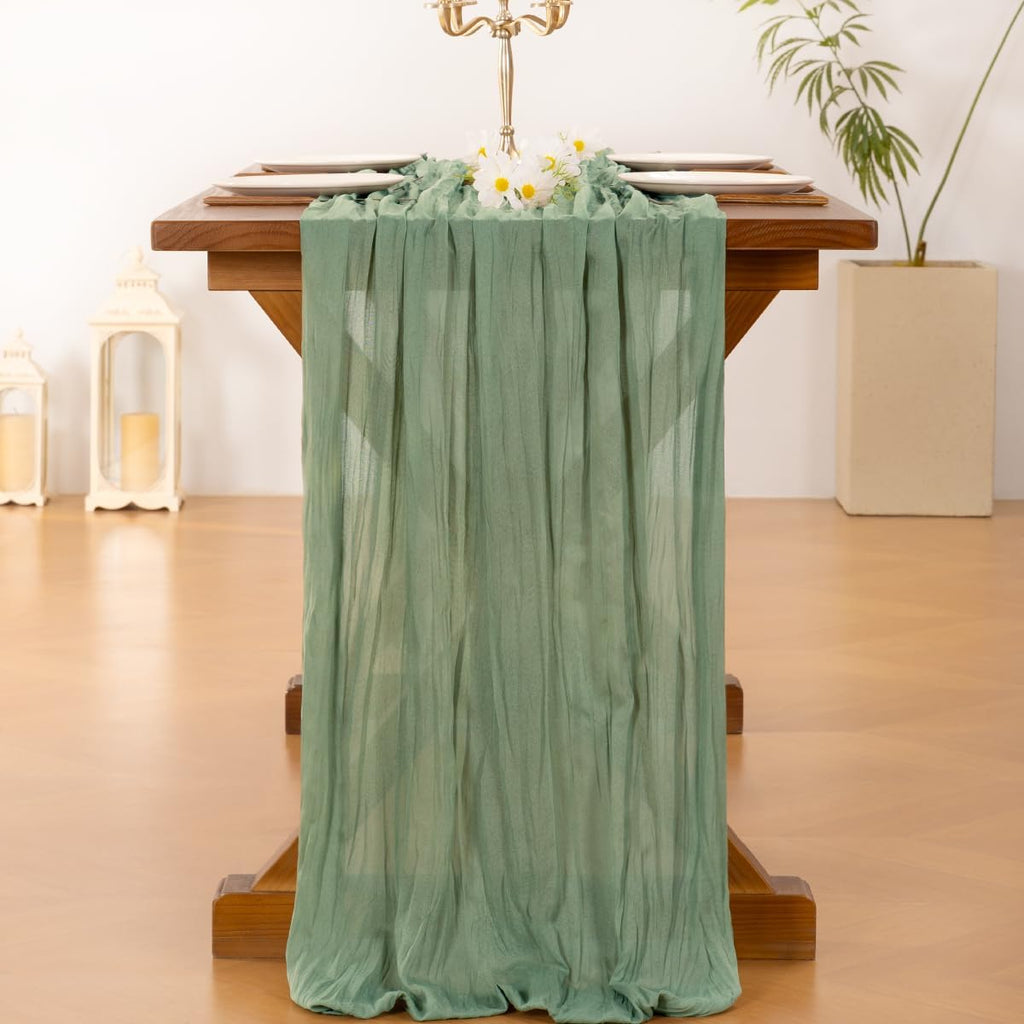 Socomi Cheesecloth Table Runner - Sage Green 120-Inch Boho Rustic Decor for Weddings & Events