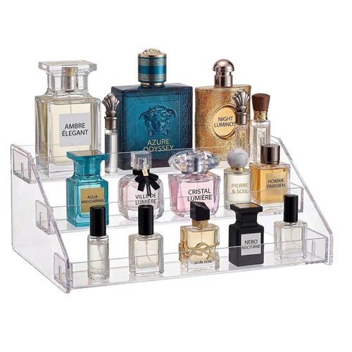 Cleo 10-Inch Tiered Perfume Organizer Stand – Elegant 3-Tier Fragrance Holder for Dresser & Vanity – Clear Space-Saving Display for Perfume, Lotion & Cosmetics – 10” Wide