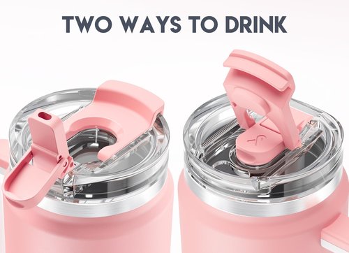Meoky 32 oz Tumbler with Handle, Insulated Tumbler with Lid and Straw, Stainless Steel Travel Mug, Keeps Cold for 24 Hours, 100% Leak Proof, Fits in Car Cup Holder (Blush)