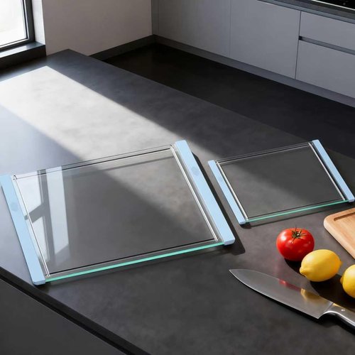 GlassCuisine Tempered Glass Cutting Board Set for Kitchen Counter - Dishwasher Safe with Juice Grooves, Non-Slip Silicone Edges & Beveled Grip - 16"x12" & 12"x8" Serving Tray (Blue)