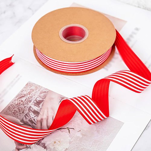 GSHLLO 50 Yards 2.5cm Wide Grosgrain Fabric Ribbon - Brown and White Striped - Christmas Decorative Ribbon Trim