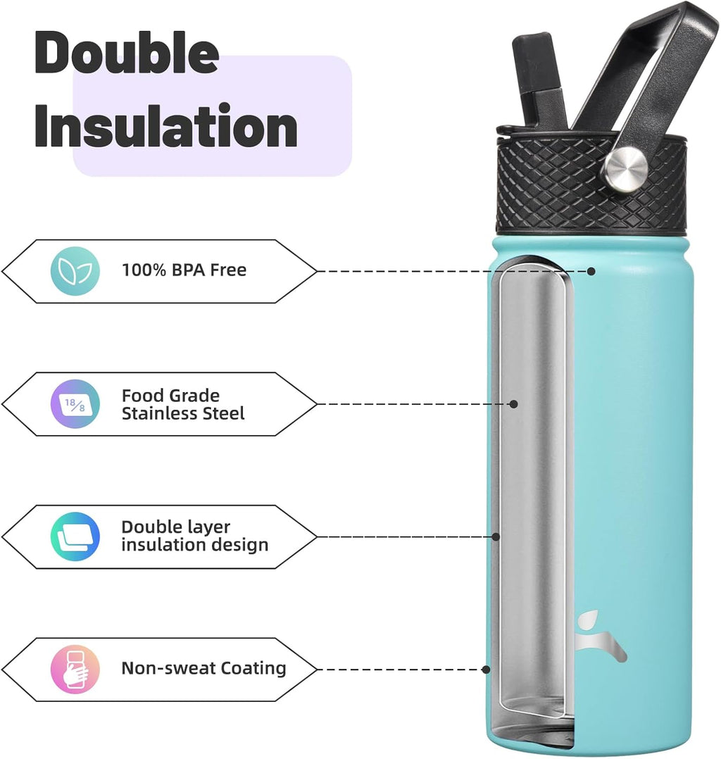 Skiennix Insulated Water Bottle - 18oz Stainless Steel Flask with Straw - Turquoise Color