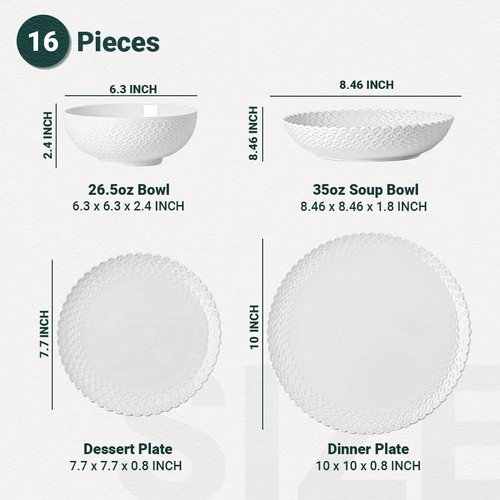 HOMBENE DINNERWARE NOT ONLY FOR DINNER 16 Piece Dinnerware Sets with Dishes, Bowls and Plates, Porcelain Dinner Set for 4, White, Glossy, Round, All Occasions