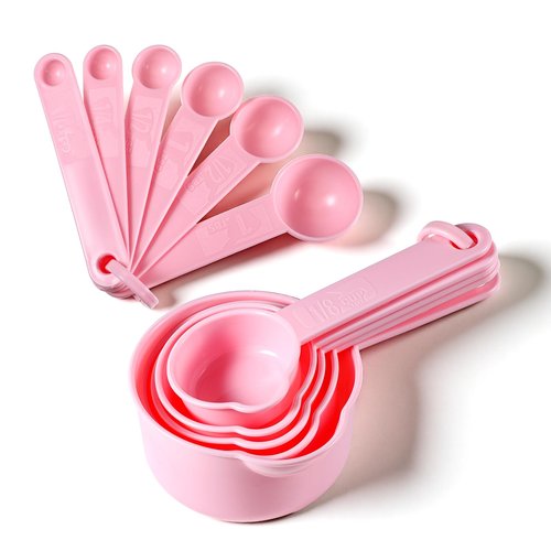 11Pcs Measuring Cups Pink Plastic Measuring Cup and Spoons, 5 Cups & 6 Spoons Set Kitchen Cup and Spoon Essentials Gadgets for Cooking & Baking Color Pink