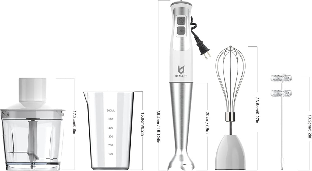 UTALENT Immersion Hand Blender - 5-in-1 8-Speed with 500ml Grinder & 600ml Container - White