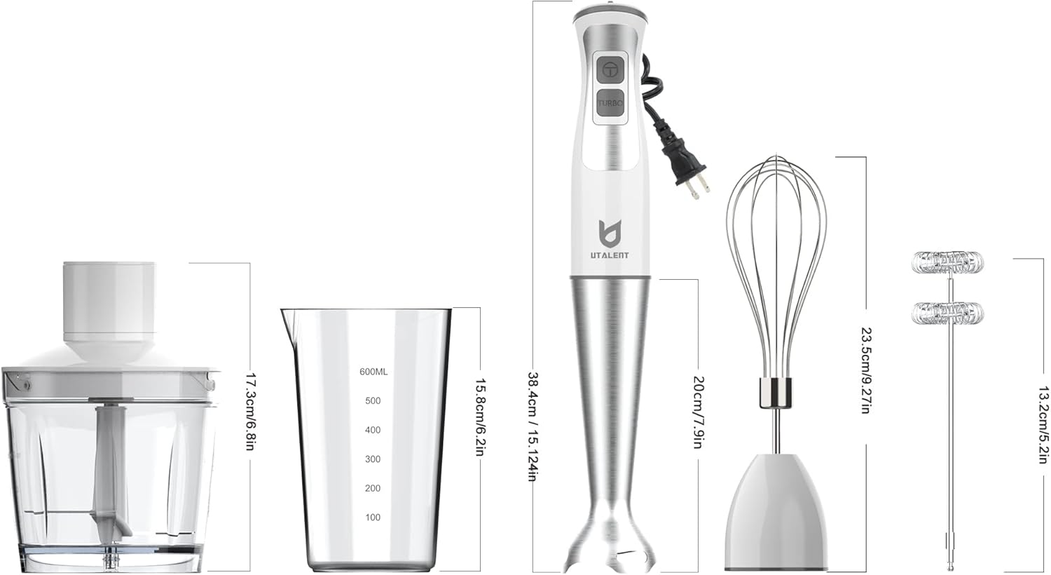 UTALENT Immersion Hand Blender - 5-in-1 8-Speed with 500ml Grinder & 600ml Container - White