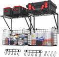 ThreeHio Garage Shelves - Heavy Duty Wall Mounted Shelving with Wire Baskets & Hooks | 2 Pack Tool Organizer