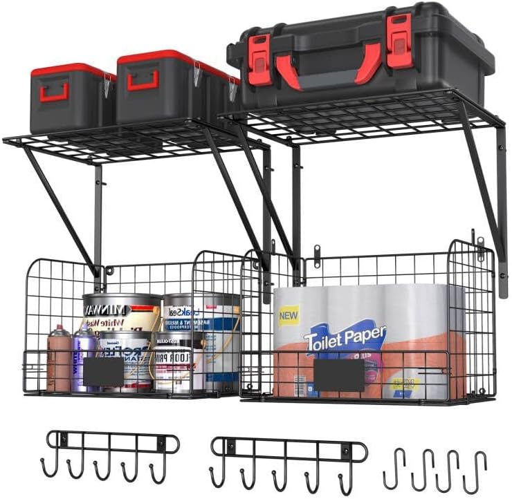 ThreeHio Garage Shelves - Heavy Duty Wall Mounted Shelving with Wire Baskets & Hooks | 2 Pack Tool Organizer