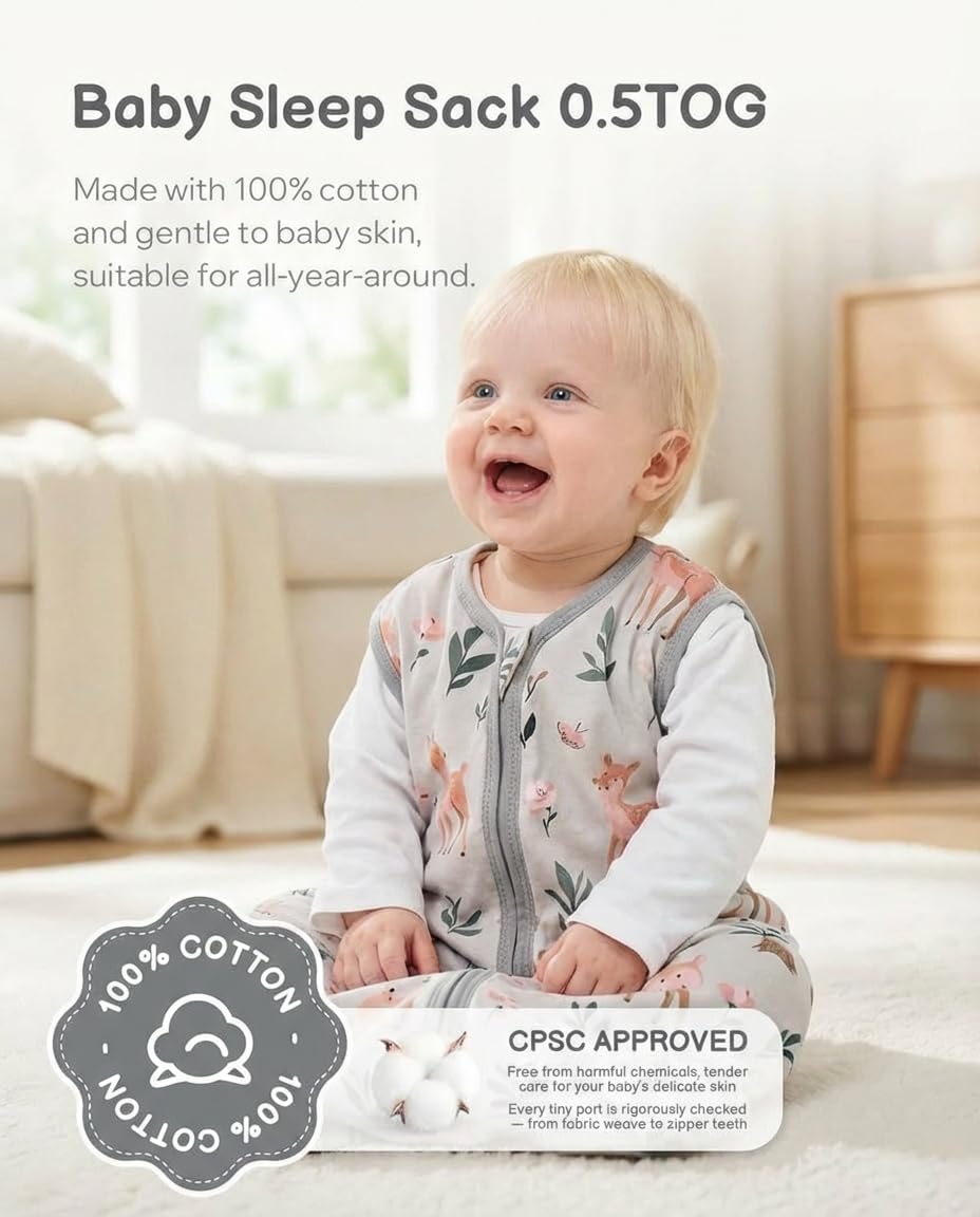 TURMEWU 3 Pack Baby Sleep Sack 0-6 Months 100% Organic Cotton, 0.5 TOG Lightweight Wearable Blanket, 2-Way Zipper Sleeping Bag, Cotton&Fawn&Grey