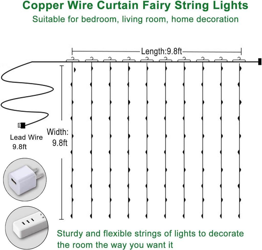 Skiennix 300 LED Curtain String Lights - 8 Light Modes | 9.8x9.8Ft Remote USB Plug for Indoor/Outdoor Decor