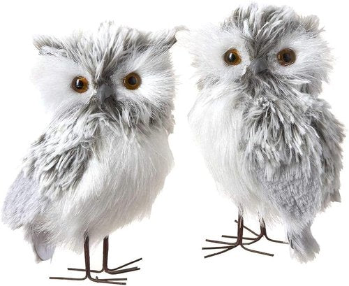 Kurt Adler 5-Inch Furry Gray Owl Figurines - Set of 2 Adorable Home Decor Accents