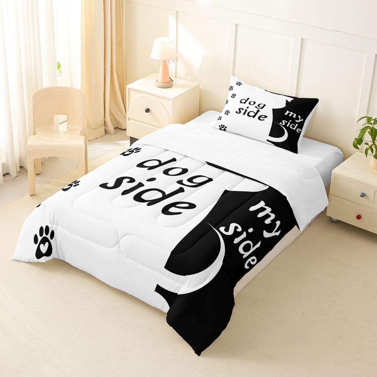 Erosebridal Dog Side and My Side Comforter Set King Size for Couple Women Girls Romantic Theme Bedding Black White Cute Dog Duvet Insert Teens Kids Kawaii Puppy Quilt Bedroom Decor Bedding