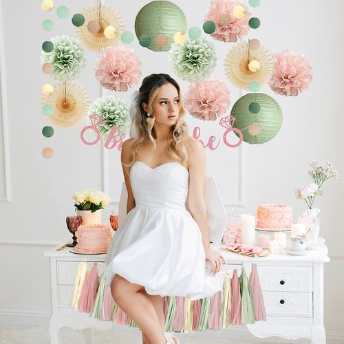 Dusty Pink and Sage Green Bridal Shower Decorations Boho Pastel Bride to Be Sage Green and Blush Pink Bridal Shower Decorations Dusty Rose Bachelorette Party Beige Fans Poms with Cream Tassel Garland