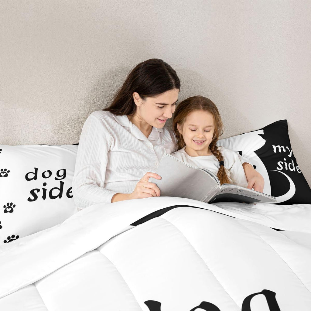 Erosebridal Dog Side and My Side Comforter Set King Size for Couple Women Girls Romantic Theme Bedding Black White Cute Dog Duvet Insert Teens Kids Kawaii Puppy Quilt Bedroom Decor Bedding