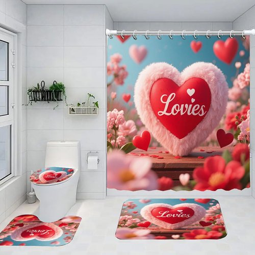 DDS-DUDES Valentine Shower Curtain Set for Bathroom, Wedding,Happy Valentine's Day Gnomes by Bike Waterproof Bath Curtain, Eiffel Tower Fabric Shower Curtains with Hooks 71x71 inches