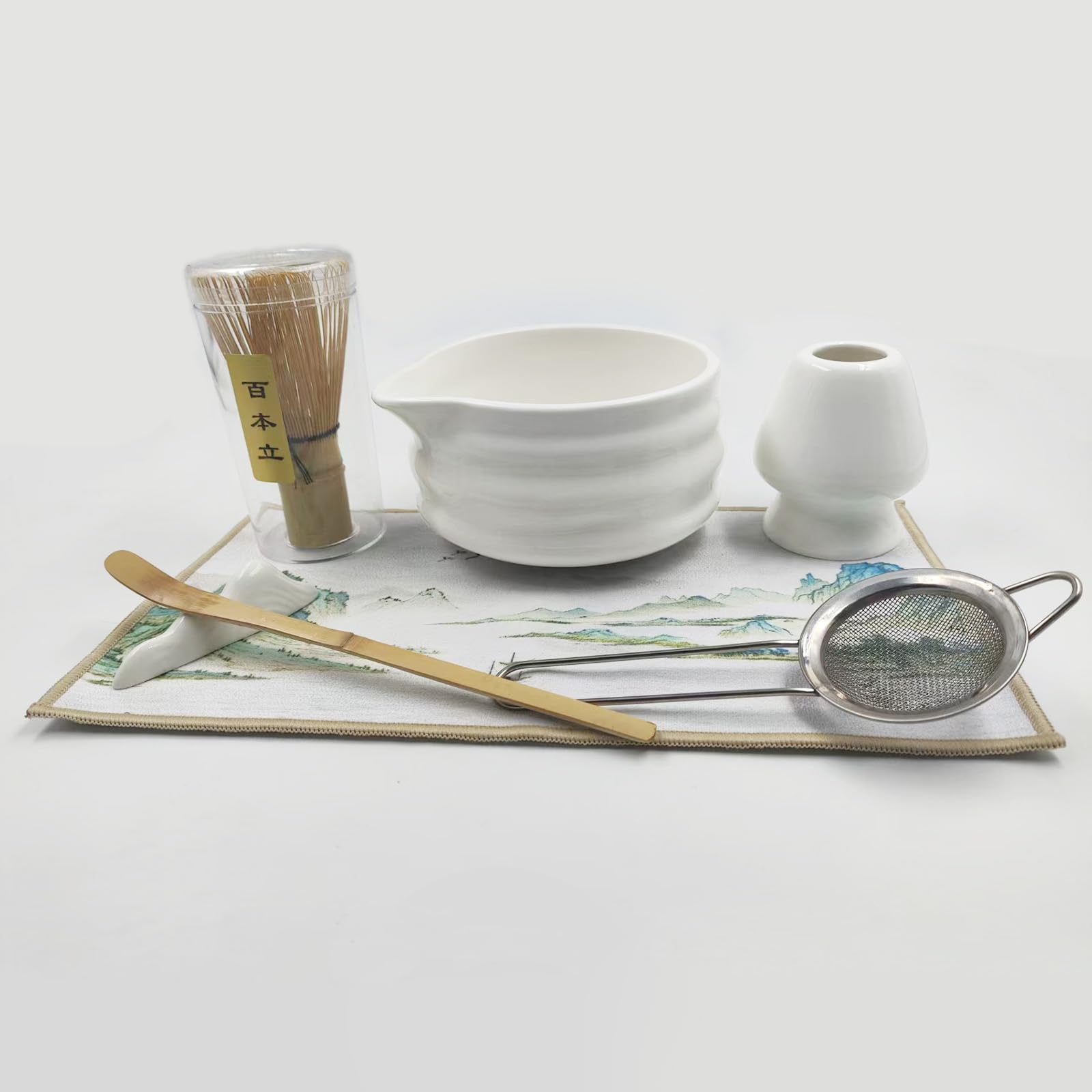 ZQFTZQ Matcha Whisk Set White, Ceramic Matcha Bowl Set with Bamboo Whisk, Holder, Scoop, Rest, Sifter and Towel – Complete 7 PCS Japanese Matcha Kit, Authentic Traditional Matcha Preparation Set