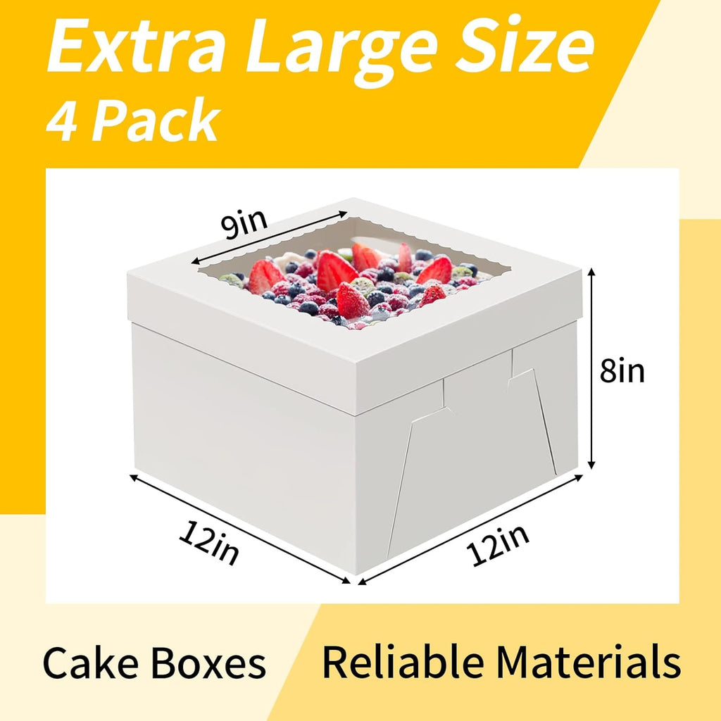 WINKIO 12-Inch Cake Boxes - Disposable Cake Transport Containers with Large Window | 4-Pack White Holders