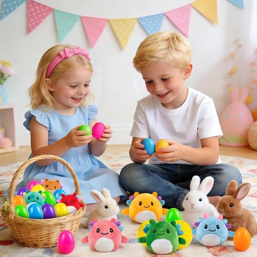 Axolotl Plush Toys | Easter Basket Stuffers - 24 Pack Prefilled Plastic Eggs for Kids' Gifts