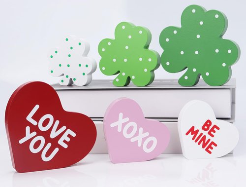 BIBIFLY Valentines St Patricks Day Decorations 6PCS Wooden Heart & Shamrock Block Tiered Tray Decor, Freestanding Wood Table Centerpieces Sign Decoration for Home Shelf, Office Desk, Mantle, Tabletop
