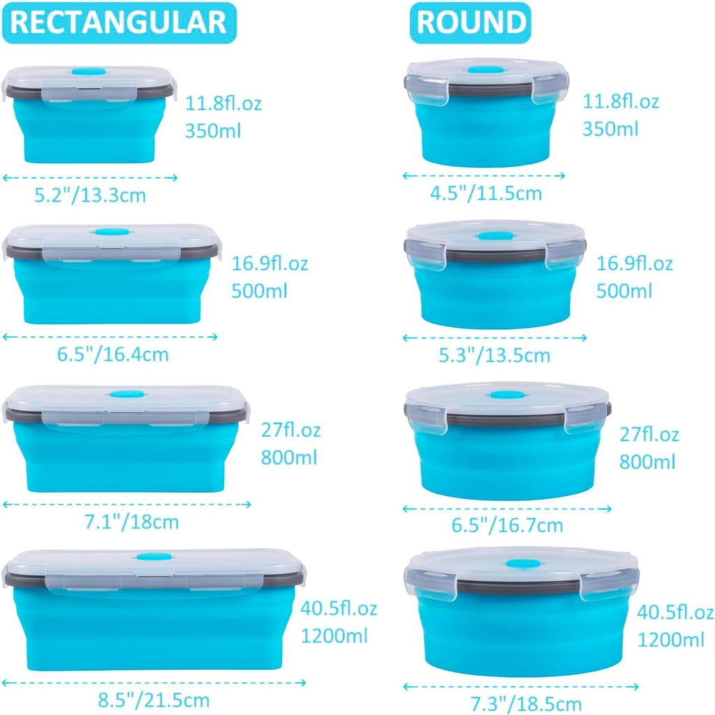Skiennix Collapsible Food Storage Containers - 8 Pack Silicone Set for Camping & RV | Microwave & Dishwasher Safe, Blue