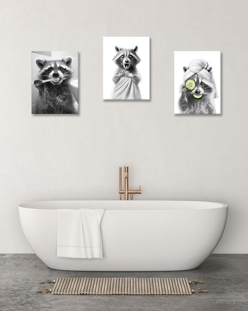 HesenDot Raccoon Wall Art - Funny Black and White Bathroom Canvas Print | 12x16in Cute Decor