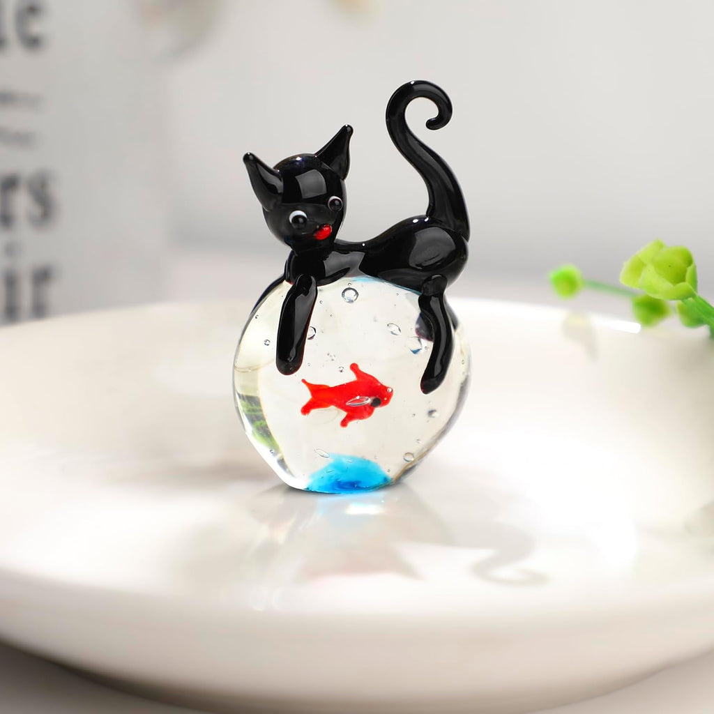 QFkris Blown Glass Black Cat Figurine - 1.6” Mini Glass Sculpture | Unique Cat and Fish Art Collectible for Home Decor & Gifts