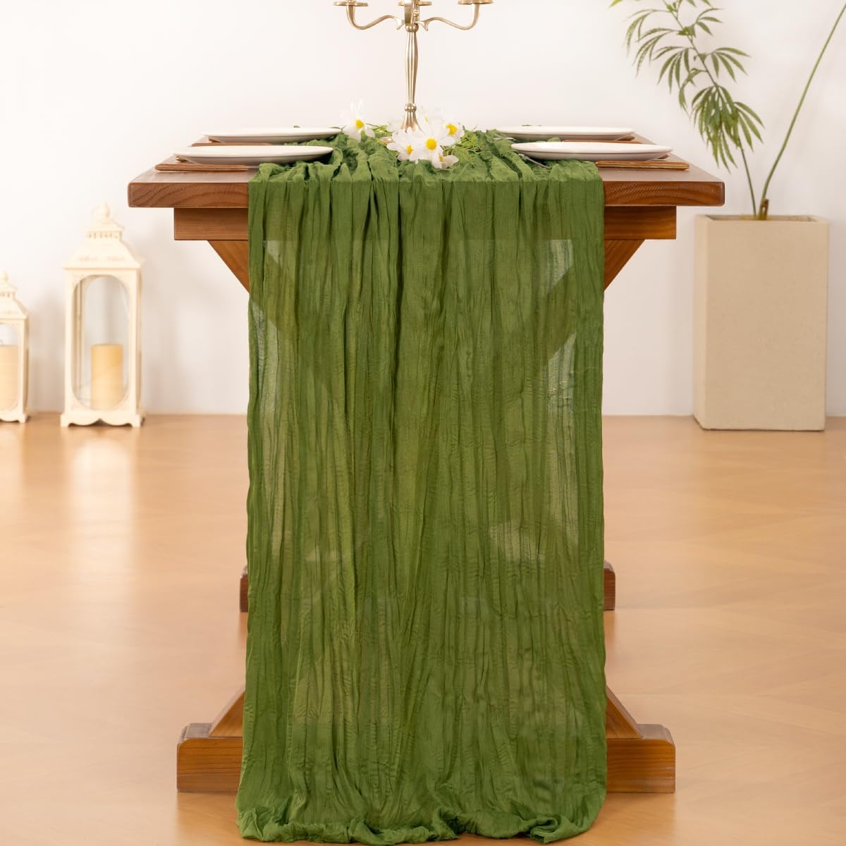 Socomi Cheesecloth Table Runner - 120 Inch Boho Rustic Green for Easter & Spring Decor | Perfect for Weddings, Parties, and Home Decor