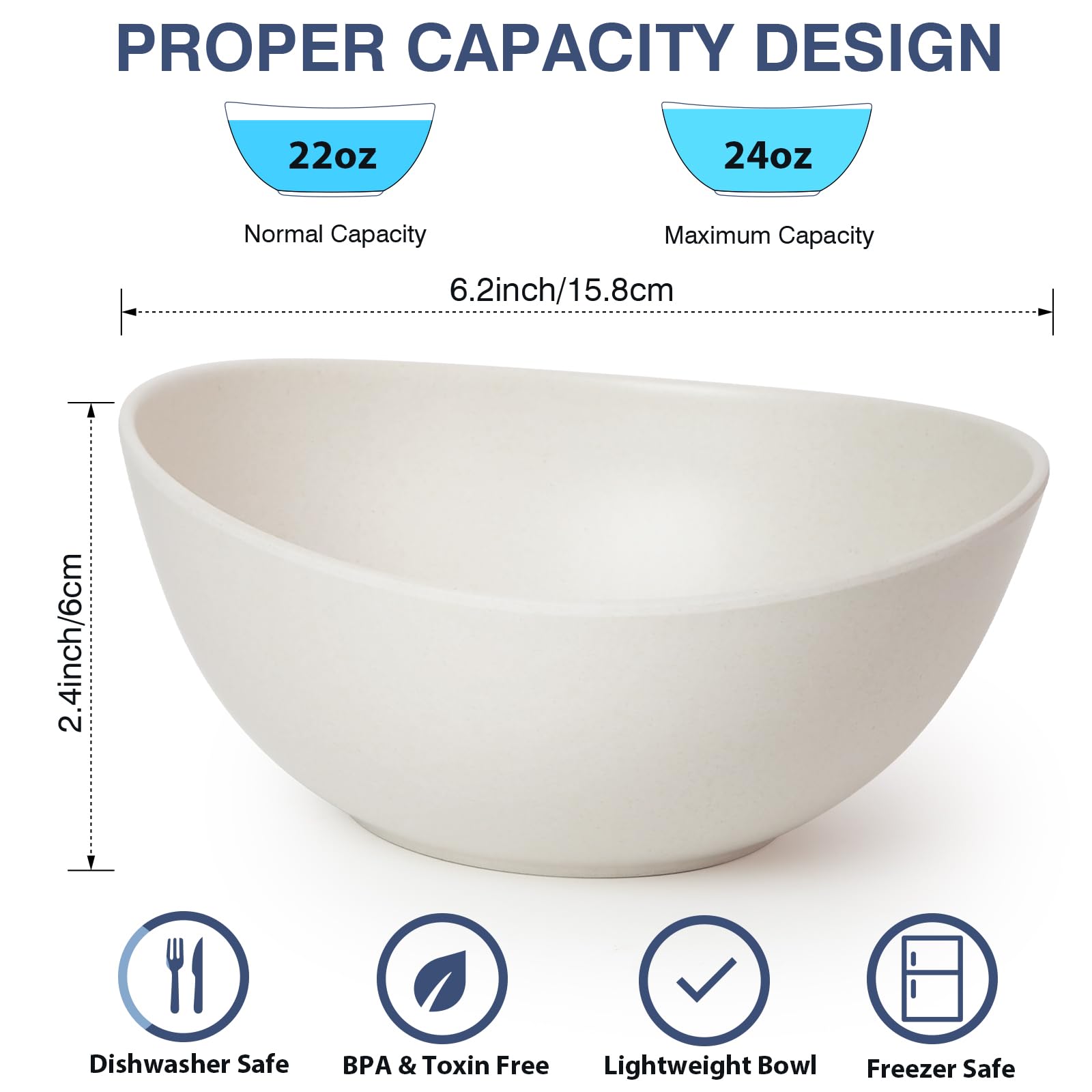 6.2'' Bamboo Fiber Cereal Bows Set of 6, Soup Bowls 24 Oz for Serving Salad, Snack, Side Dishes, Modern Oval Lightweight Bowls for Breakfast, Lunch and Dinner, Dishwasher and Freezer Safe(Matte White)