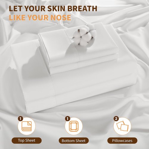 LBRO2M 100% Cotton Sheets Set Deep Pocket Up to 18"-24", 1000 Thread Count King Size 4 Pcs Bed Sheet Sets Soft Comfortable Bedding All Season (King, White)