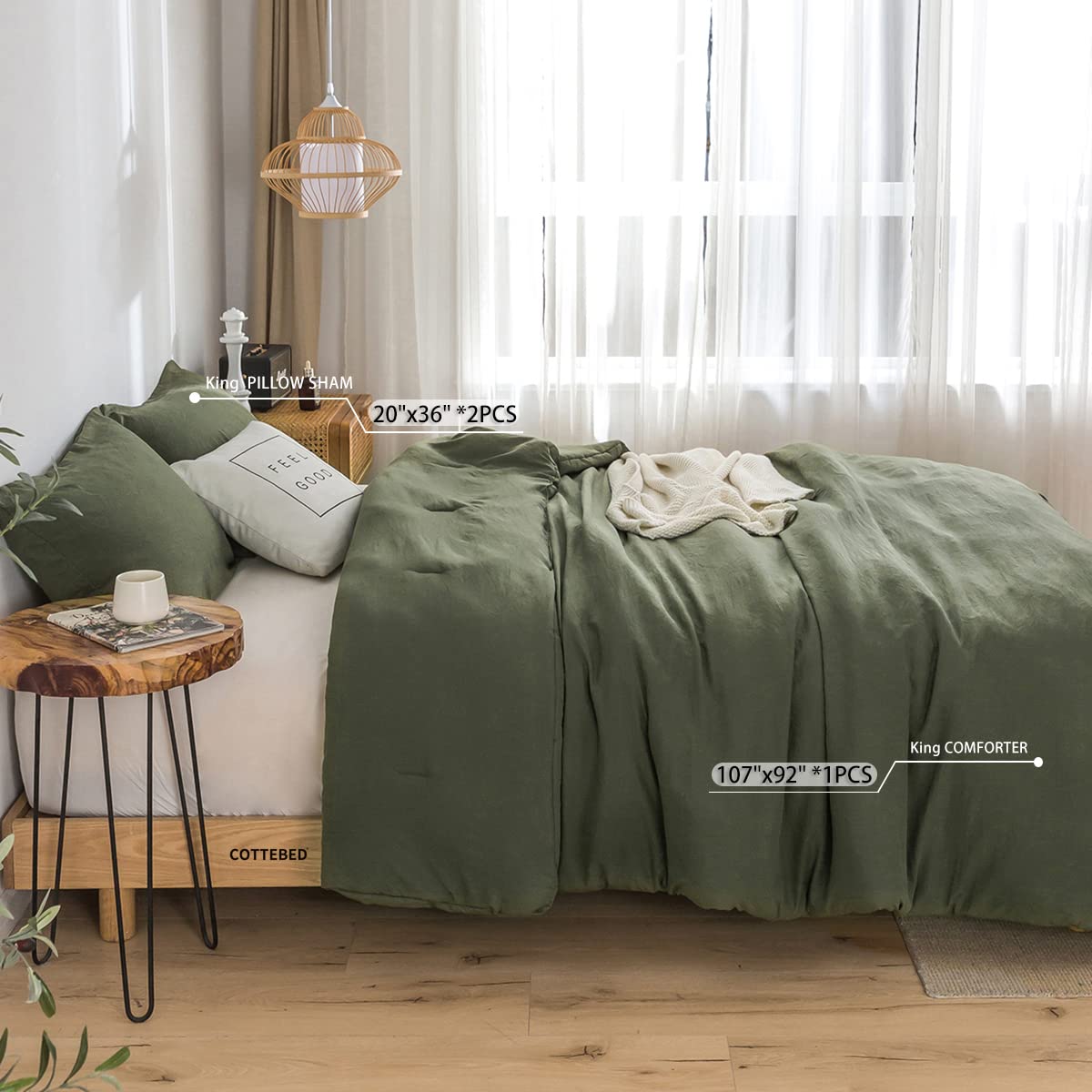 COTTEBED Ultra-Soft King Bedding Comforter Sets Bed, All Season Use Light Weight with Warm Fluffy Washed Cotton Microfiber,1 Bed Blanket Comforter & 2 PillowSham(King/California King Dark Olive Green