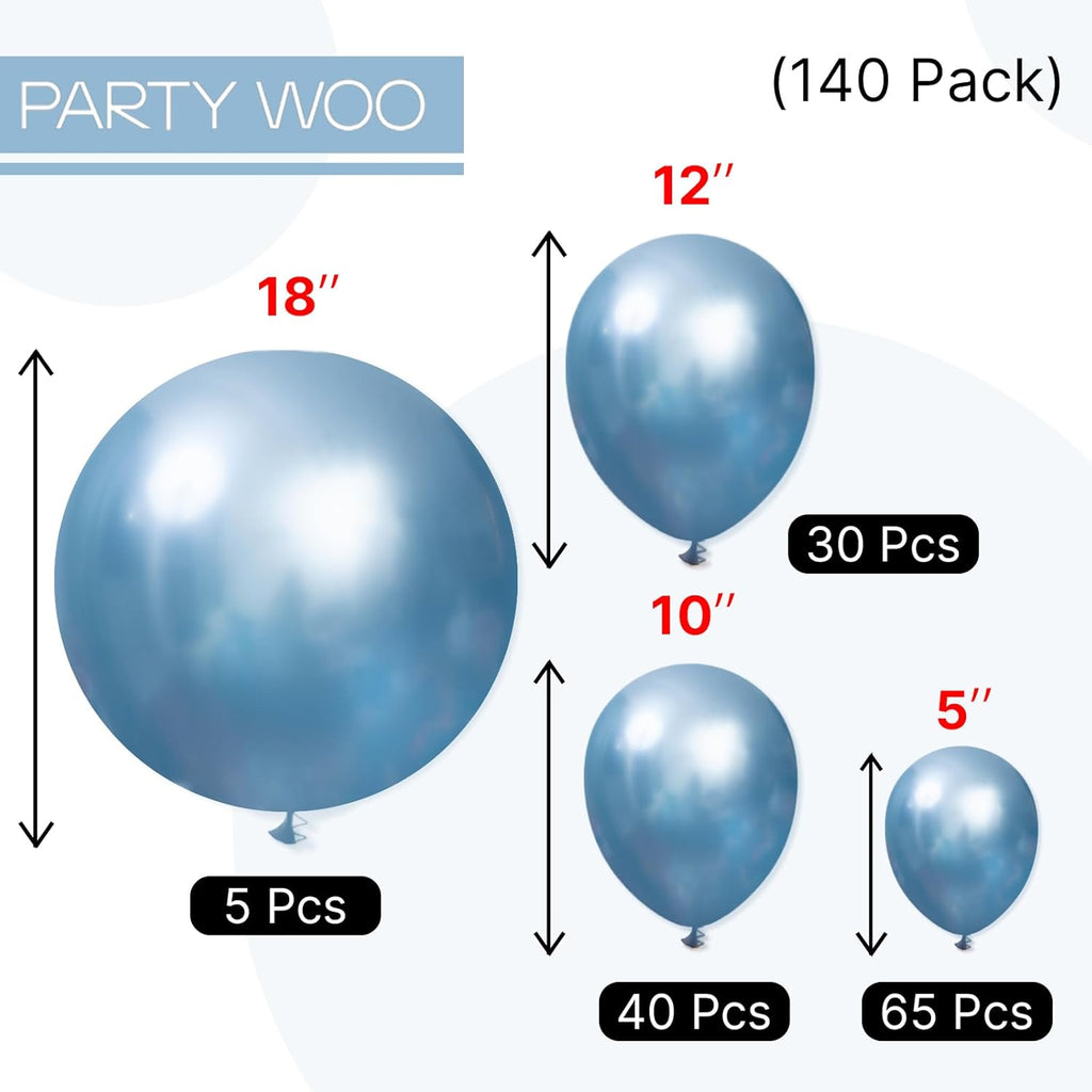 PartyWoo Metallic Light Blue Balloons - 140 Pcs Latex Balloon Arch Kit | Various Sizes for Graduation & Baby Showers