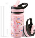 BUZIO Kids Water Bottle - 14oz Insulated Stainless Steel Thermo Cup with Straw Lid | Pink Unicorn Design