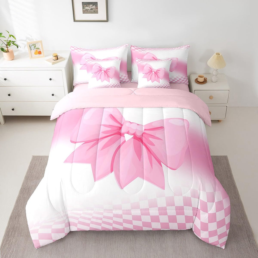 Erosebridal Pink Bow Comforter Set 7 Piece Bed in A Bag Twin,Princess Bowknot Coquette Bedding Sets White and Pink Plaid Bows Comforter and Sheets for Cute Girls Women Dreamy Kawaii Room Decor