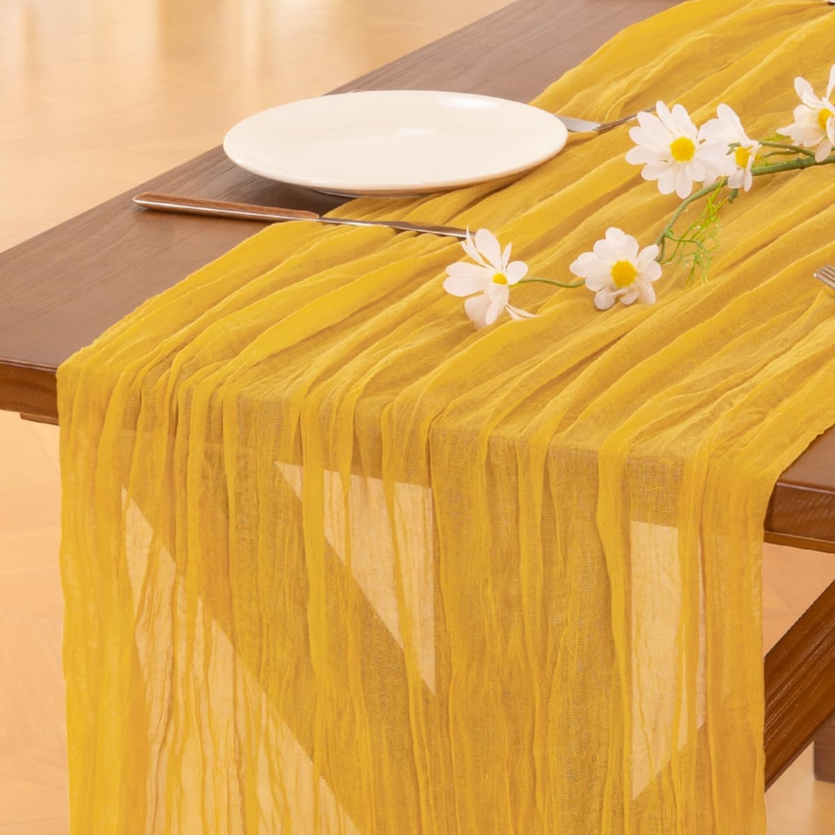 Socomi Cheesecloth Table Runner - 6pcs Gold Yellow Boho Rustic 120 Inch for Weddings & Events