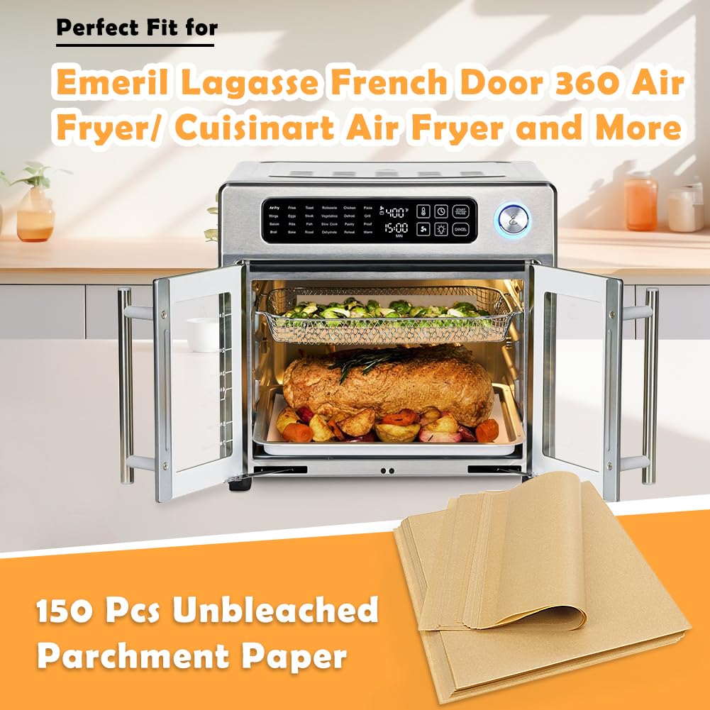 YQL 10x12 Inch 150PCS Disposable Air Fryer Liners, Unbleached Parchment Paper for Emeril Lagasse French Door 360 Air Fryer, Breville/Cuisinart/Hamilton Beach Toaster Oven Accessories