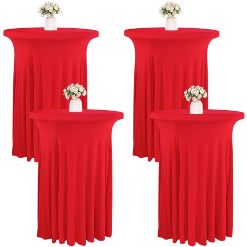 JALANCY 4 Packs 32 x 43 Inch Spandex Round Cocktail Table Skirts Stretch Cocktail Table Cover Fitted High Top Tables for Wedding Bar Party Banquet (Red)